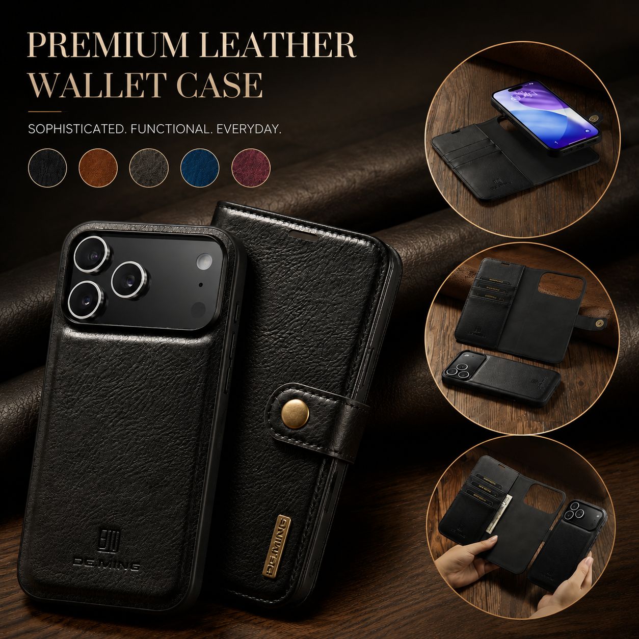 Premium iPhone Case Detachable Magnetic Leather Wallet Cover with Card Holder Flip Design Shockproof Full Body Protection Slim Durable Protective Style