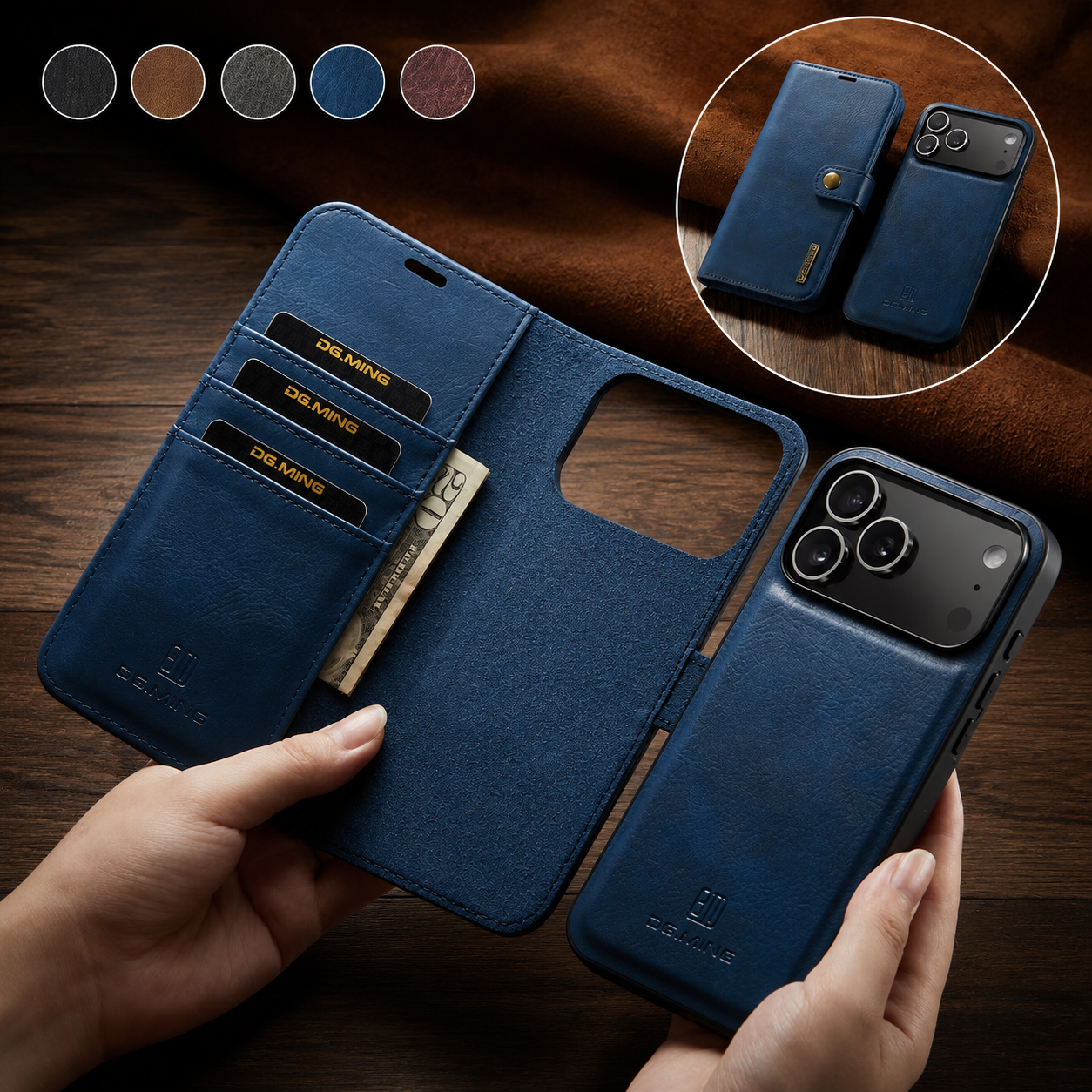 Premium iPhone Case Detachable Magnetic Leather Wallet Cover with Card Holder Flip Design Shockproof Full Body Protection Slim Durable Protective Style