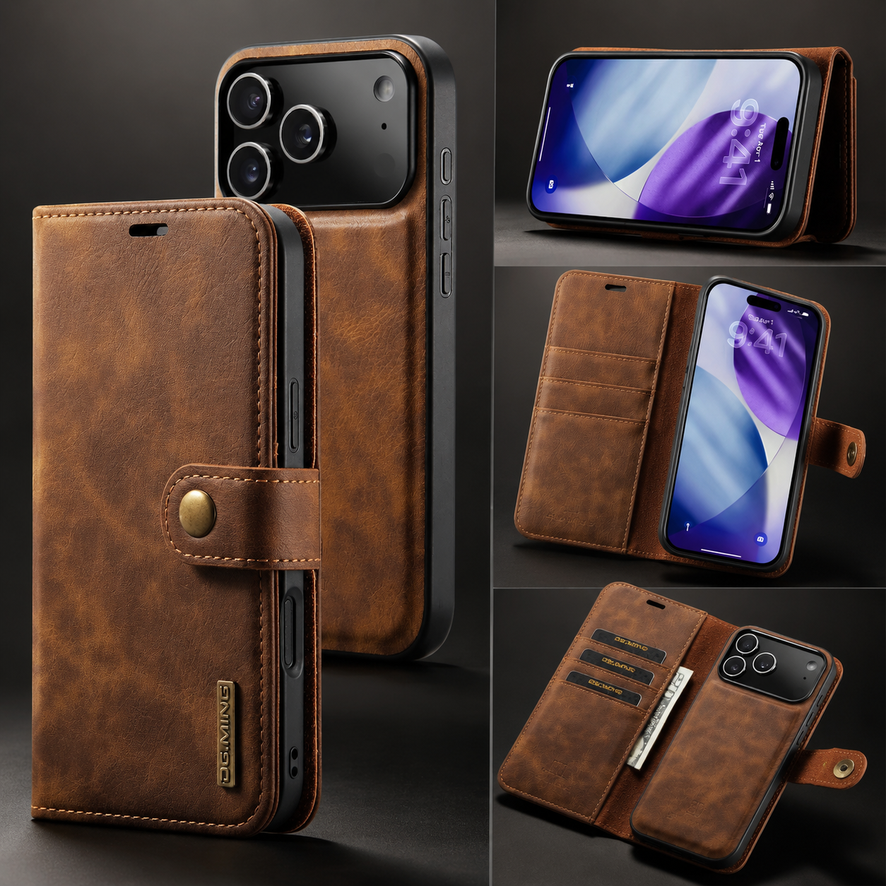Premium iPhone Case Detachable Magnetic Leather Wallet Cover with Card Holder Flip Design Shockproof Full Body Protection Slim Durable Protective Style