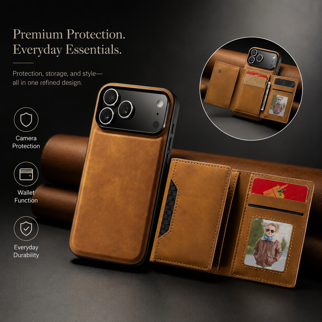 Premium iPhone Case Detachable Magnetic Leather Wallet Protective Cover Card Holder Kickstand Camera Lens Protection Anti Scratch Full Coverage