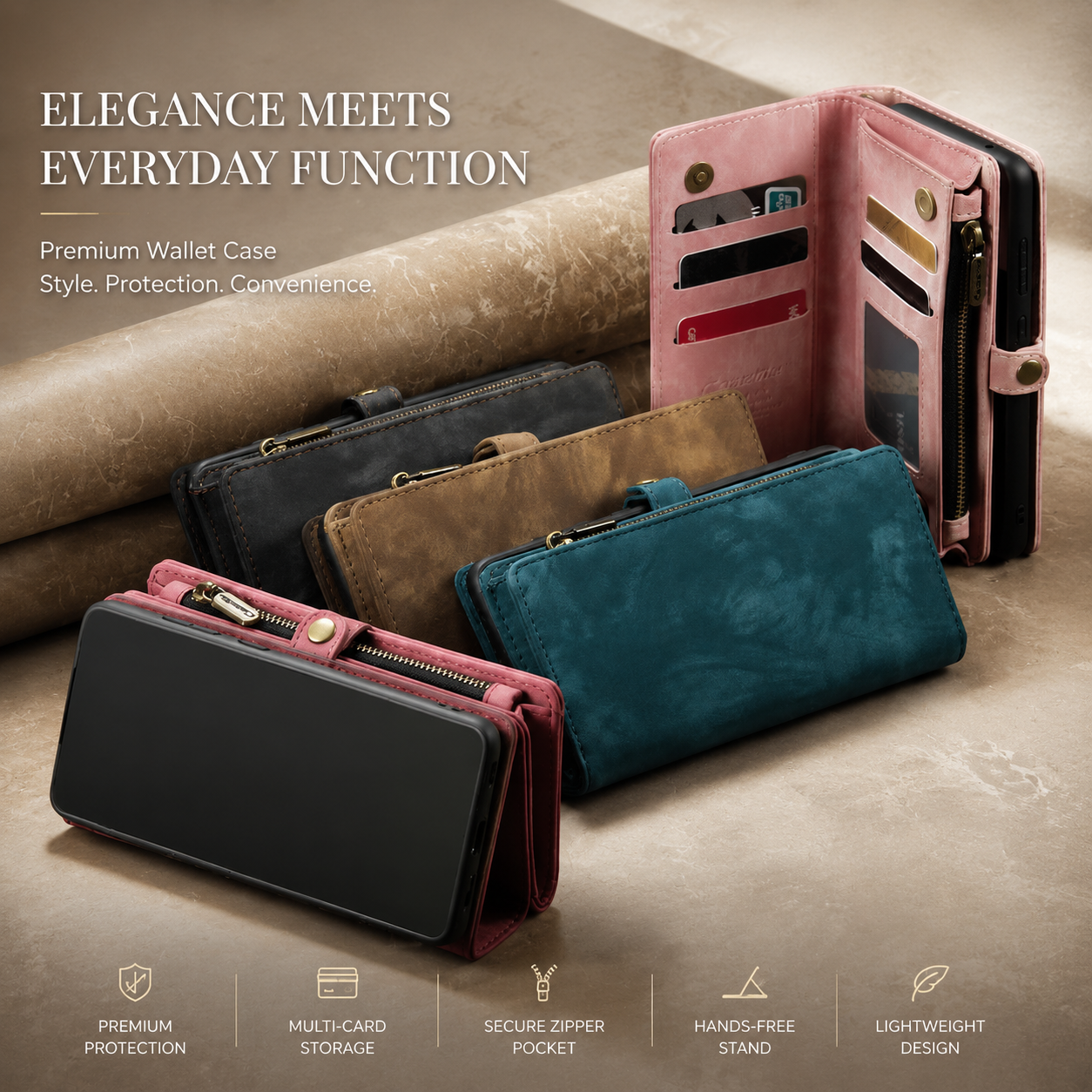 Premium iPhone Case Detachable Wallet Flip PU Leather Cover Zipper Card Holder Magnetic Closure Shockproof Protective Case Full Coverage Design