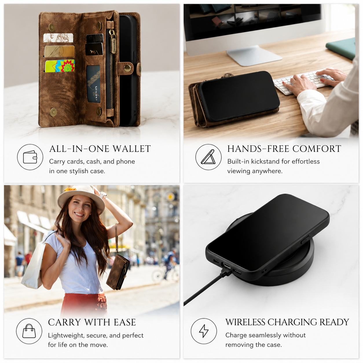 Premium iPhone Case Detachable Wallet Flip PU Leather Cover Zipper Card Holder Magnetic Closure Shockproof Protective Case Full Coverage Design