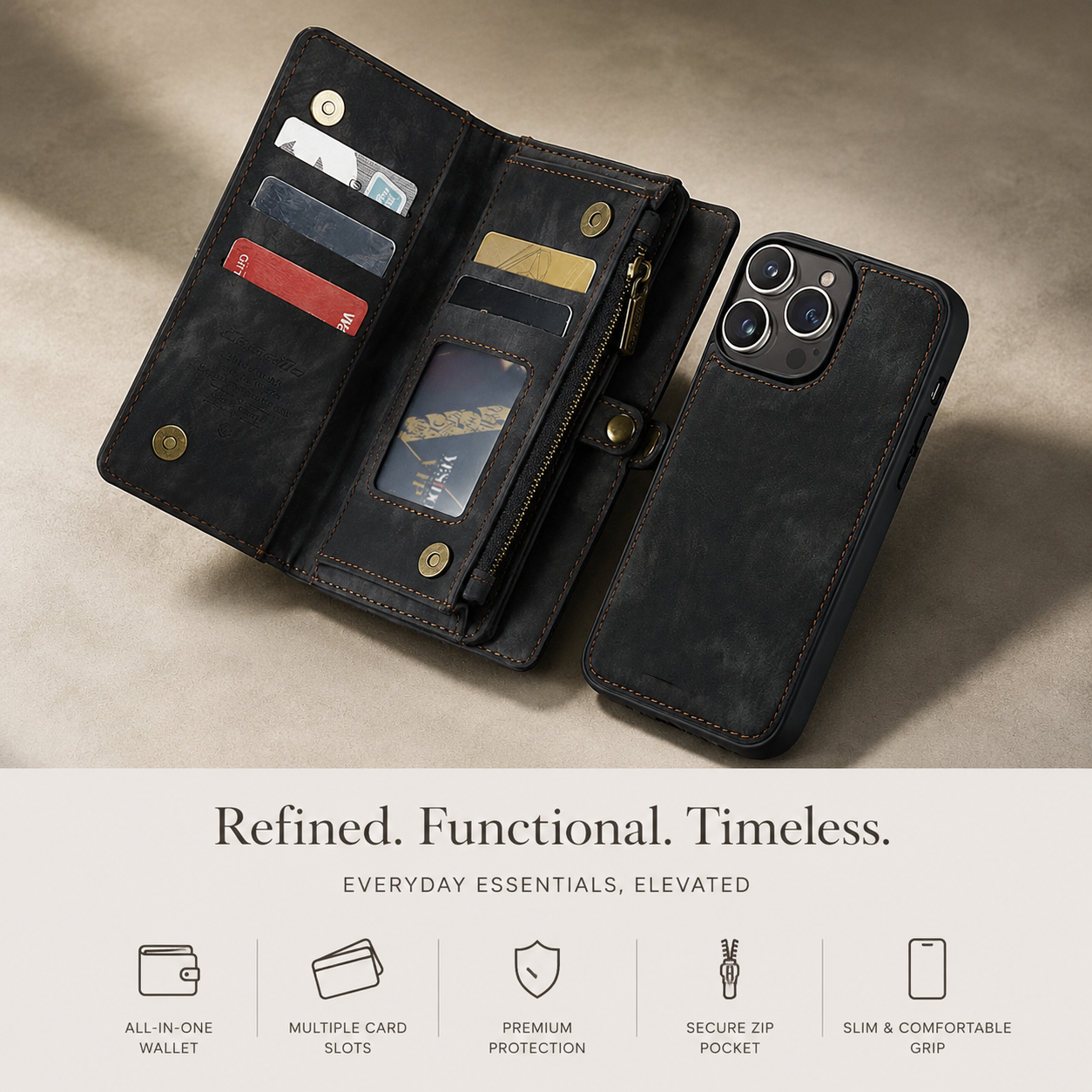 Premium iPhone Case Detachable Wallet Flip PU Leather Cover Zipper Card Holder Magnetic Closure Shockproof Protective Case Full Coverage Design