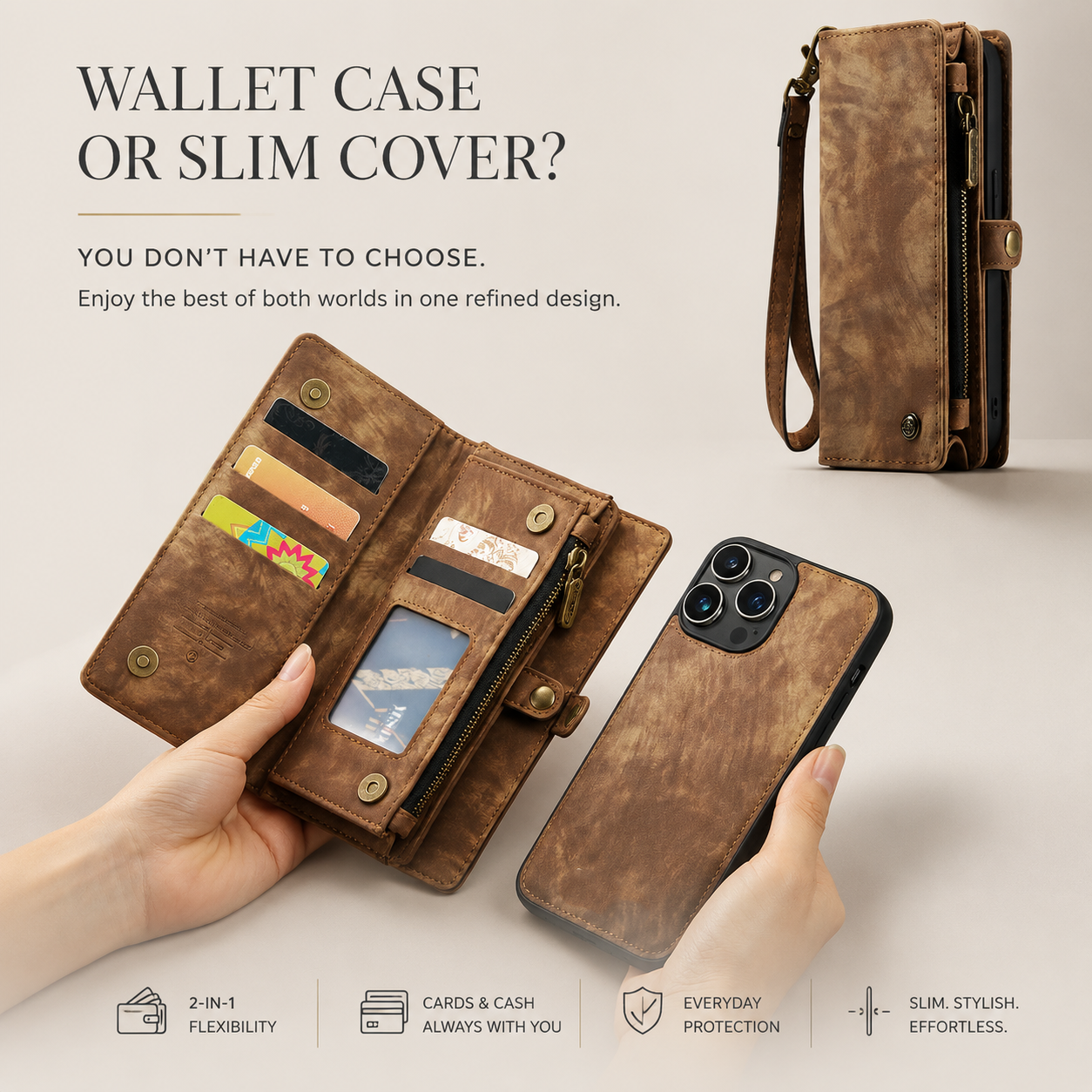 Premium iPhone Case Detachable Wallet Flip PU Leather Cover Zipper Card Holder Magnetic Closure Shockproof Protective Case Full Coverage Design
