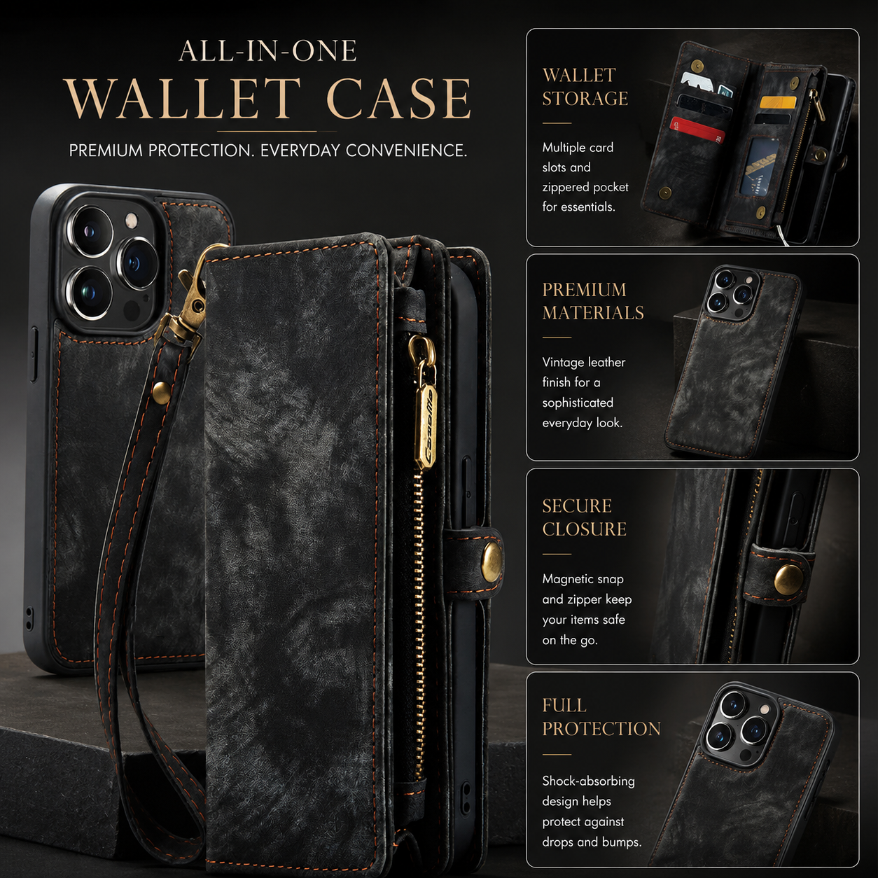 Premium iPhone Case Detachable Wallet Flip PU Leather Cover Zipper Card Holder Magnetic Closure Shockproof Protective Case Full Coverage Design