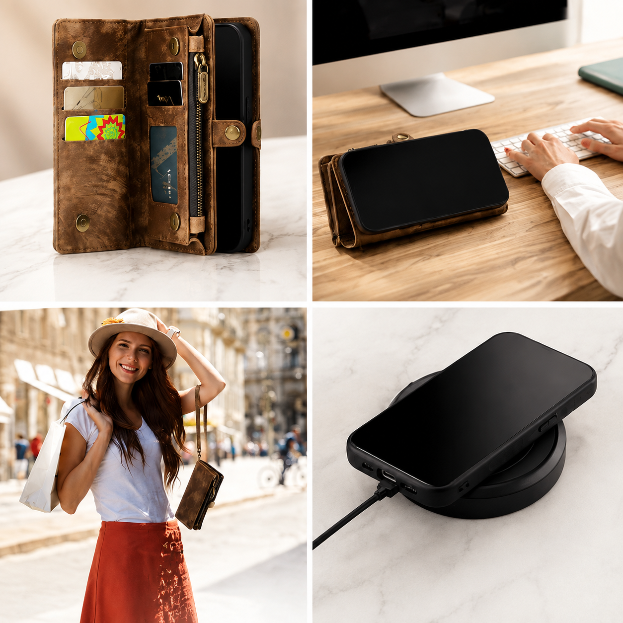 Premium iPhone Case Detachable Wallet Flip PU Leather Cover Zipper Card Holder Magnetic Closure Shockproof Protective Case Full Coverage Design