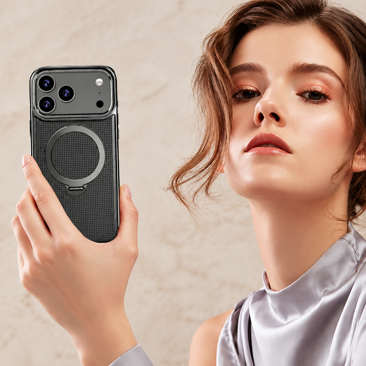 Premium iPhone Case Diamond Pattern Leather MagSafe Compatible Cover Rotating Kickstand Camera Lens Protection Shockproof Anti Fingerprint Design