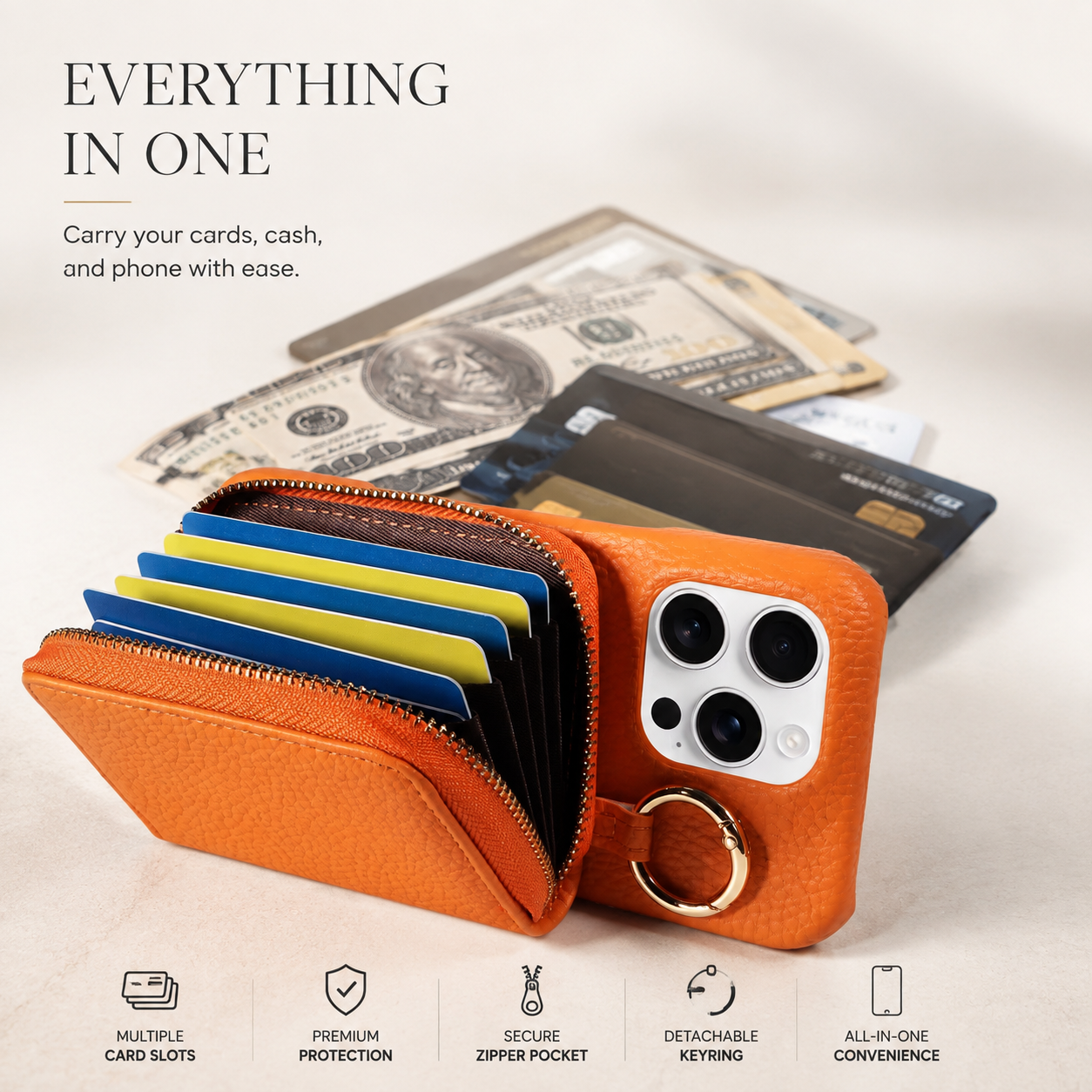 Premium iPhone Case Faux Leather Crossbody Wallet Cover Card Holder Ring Stand Shockproof Anti Scratch Protective Case Lanyard Full Coverage