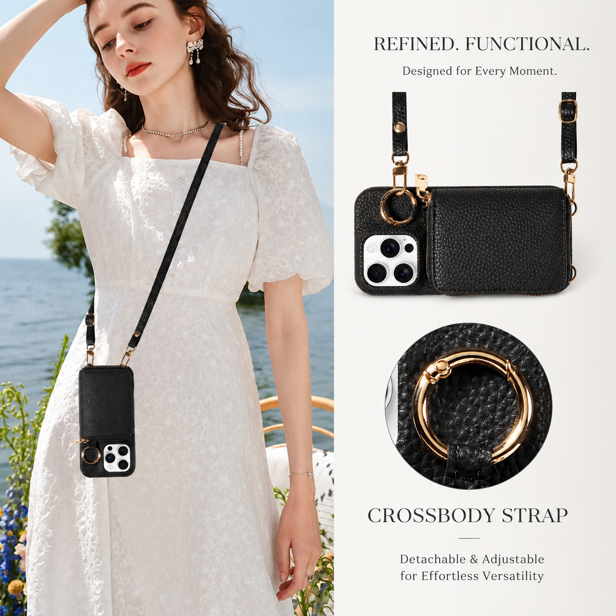 Premium iPhone Case Faux Leather Crossbody Wallet Cover Card Holder Ring Stand Shockproof Anti Scratch Protective Case Lanyard Full Coverage