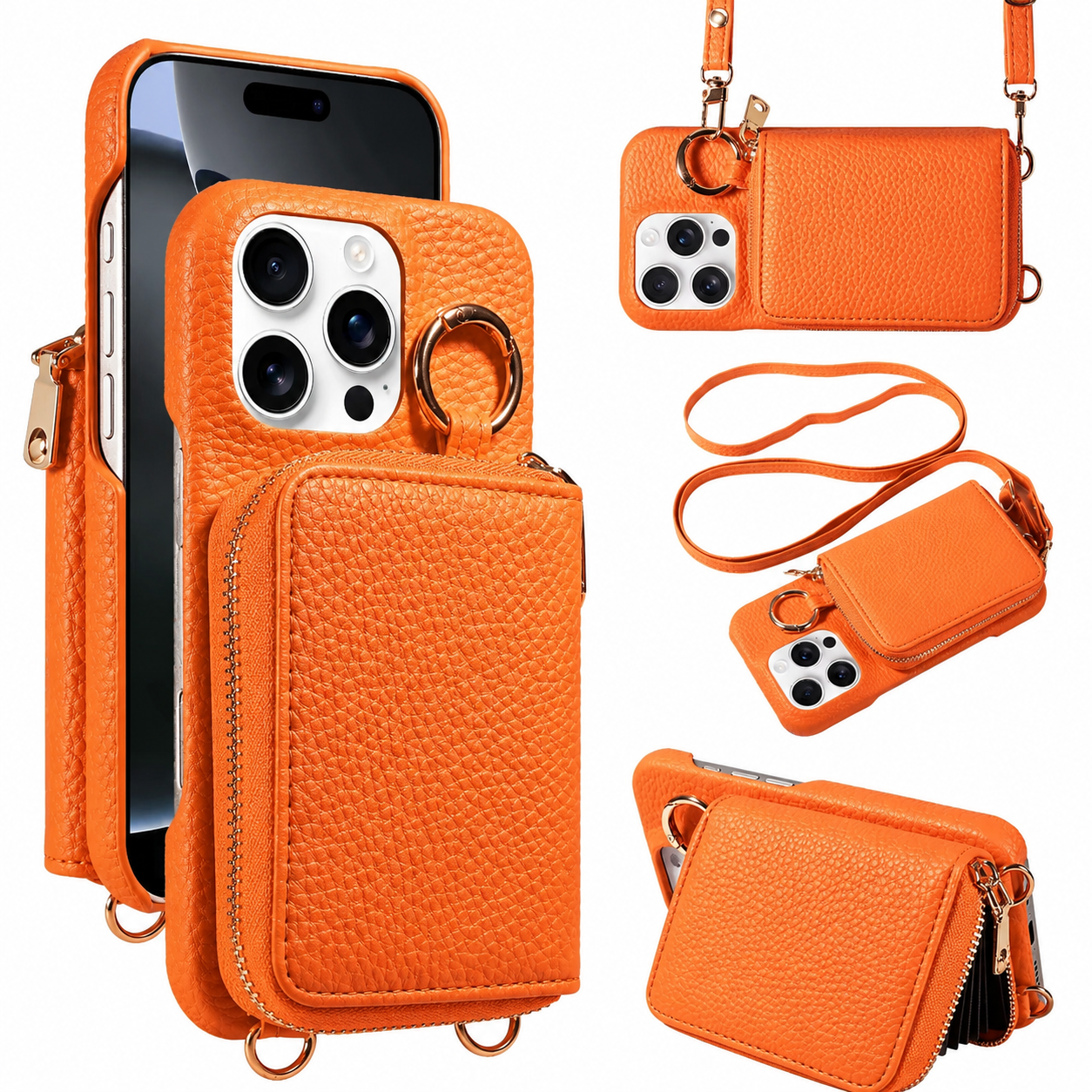 Premium iPhone Case Faux Leather Crossbody Wallet Cover Card Holder Ring Stand Shockproof Anti Scratch Protective Case Lanyard Full Coverage