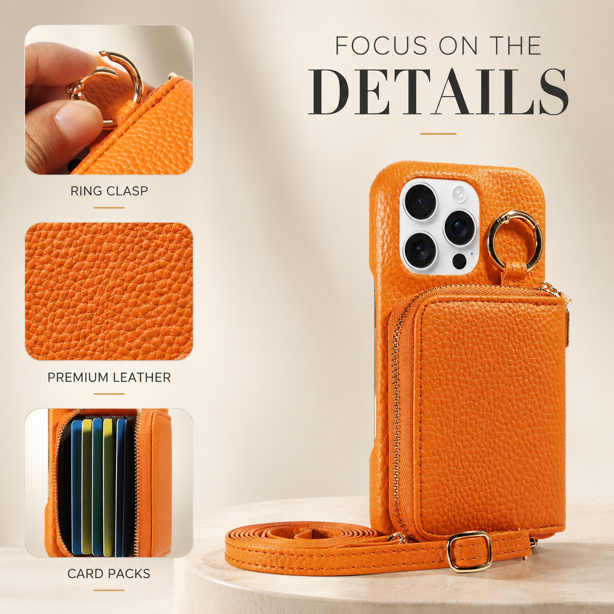 Premium iPhone Case Faux Leather Crossbody Wallet Cover Card Holder Ring Stand Shockproof Anti Scratch Protective Case Lanyard Full Coverage