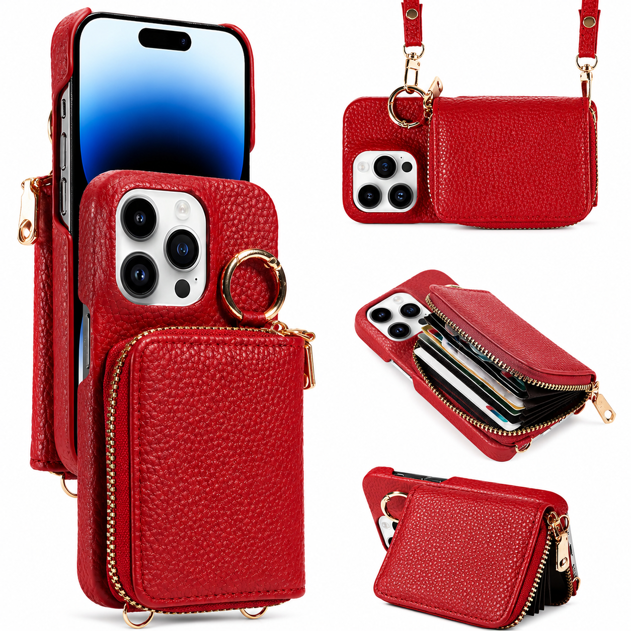 Premium iPhone Case Faux Leather Crossbody Wallet Cover Card Holder Ring Stand Shockproof Anti Scratch Protective Case Lanyard Full Coverage