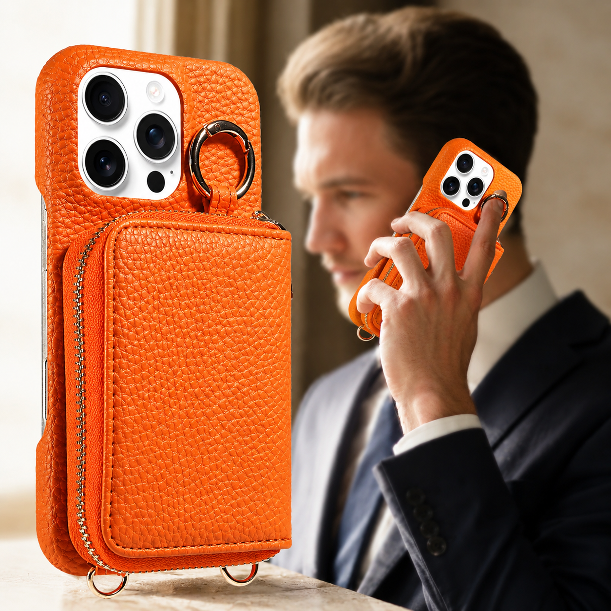 Premium iPhone Case Faux Leather Crossbody Wallet Cover Card Holder Ring Stand Shockproof Anti Scratch Protective Case Lanyard Full Coverage