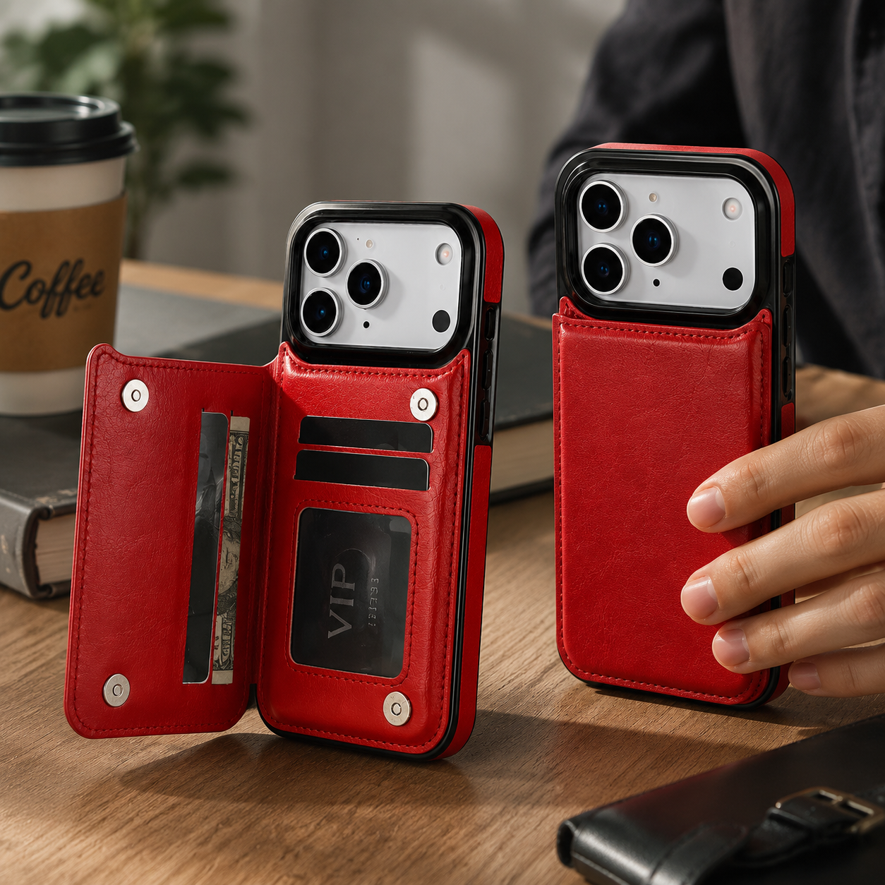 Premium iPhone Case Faux Leather Wallet Flip Cover Card Holder Double Magnetic Clasp Shockproof Kickstand Protective Case Slim Full Coverage