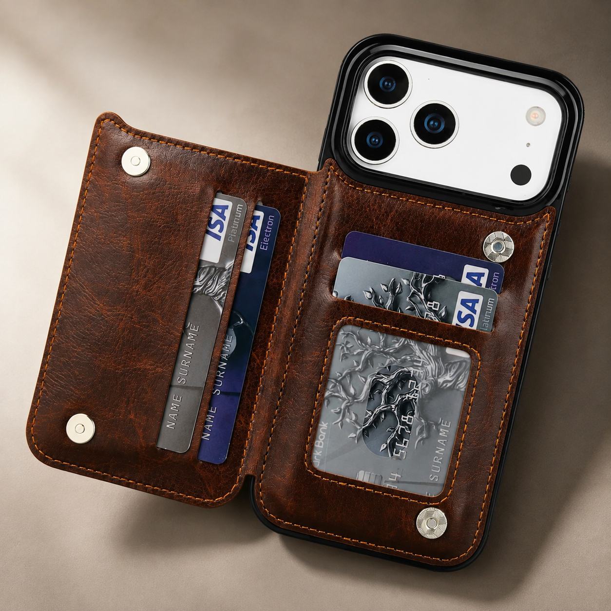 Premium iPhone Case Faux Leather Wallet Flip Cover Card Holder Double Magnetic Clasp Shockproof Kickstand Protective Case Slim Full Coverage