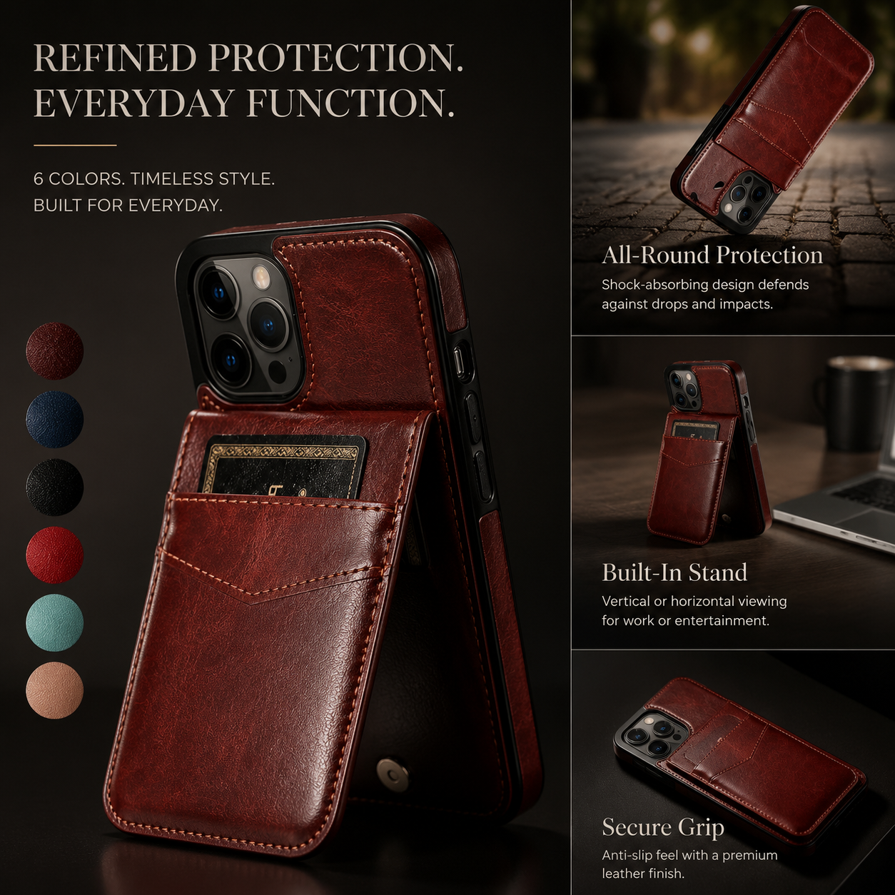 Premium iPhone Case Flip Wallet Cover Leather Card Holder with Stand Shockproof Anti Fingerprint Protective Design Full Access Slim Durable Magnetic Closure