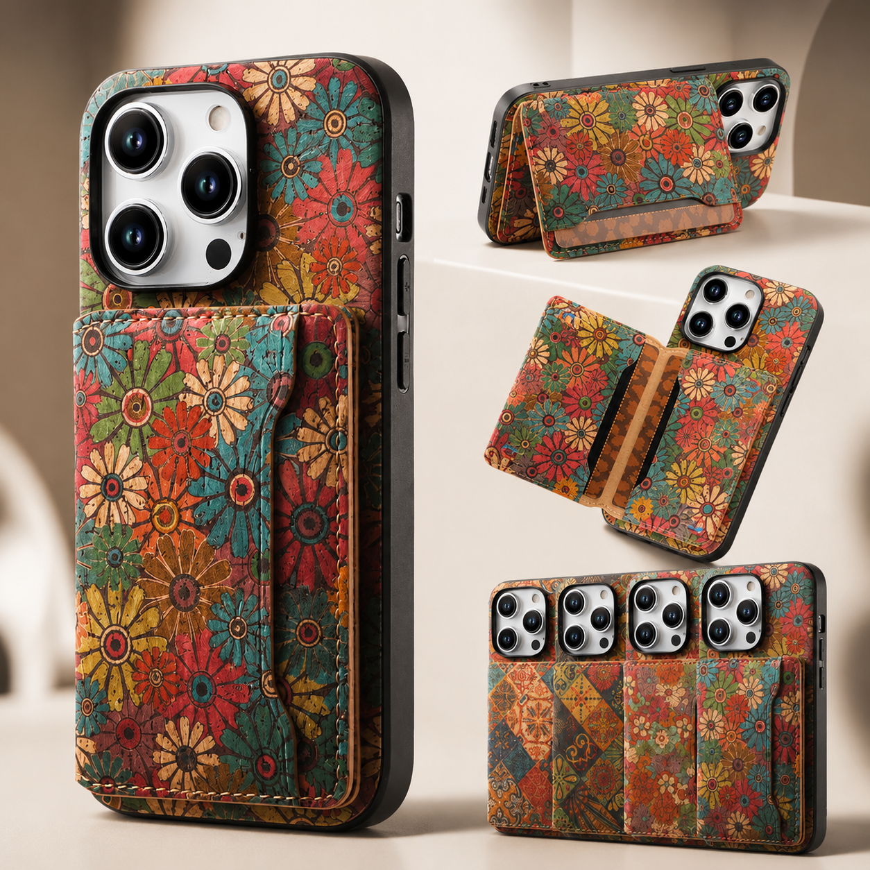 Premium iPhone Case Flower Pattern Leather Wallet Cover Magnetic Closure Card Holder Stand Function Shockproof Protective Flip Case Full Coverage Design