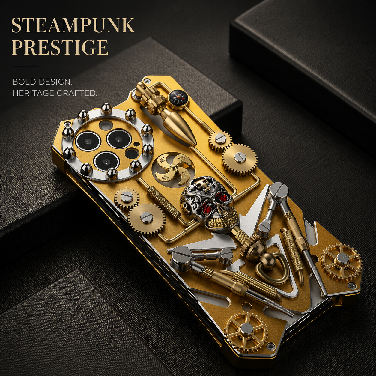 Premium iPhone Case Gear Compass Skull Cover MagSafe Compatible Shockproof Protective Case 3D Metal Style Design Camera Lens Screen Protection Full Coverage