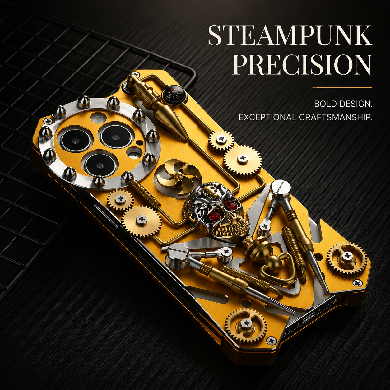 Premium iPhone Case Gear Compass Skull Cover MagSafe Compatible Shockproof Protective Case 3D Metal Style Design Camera Lens Screen Protection Full Coverage