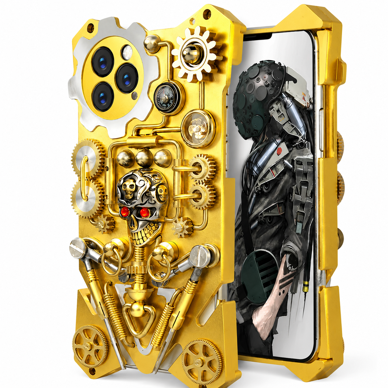 Premium iPhone Case Gear Compass Skull Cover MagSafe Compatible Shockproof Protective Case 3D Metal Style Design Camera Lens Screen Protection Full Coverage