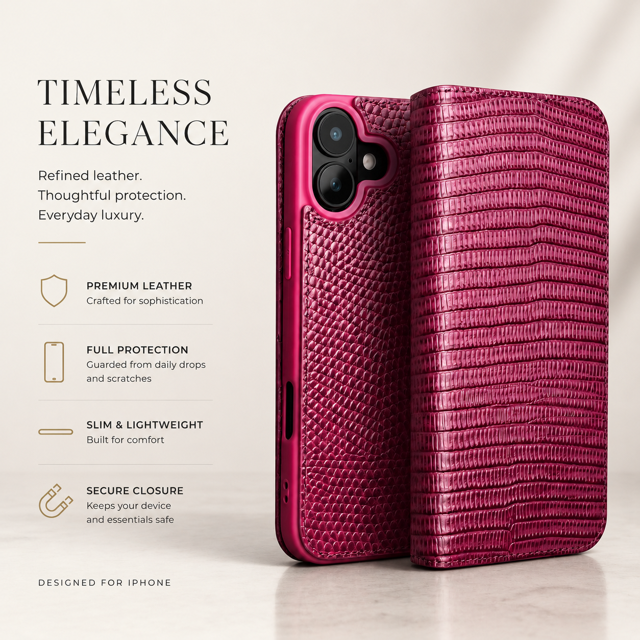Premium iPhone Case Genuine Cowhide Leather Flip Wallet Protective Cover Crocodile Grain Card Holder Magnetic Stand Shockproof Full Body Design