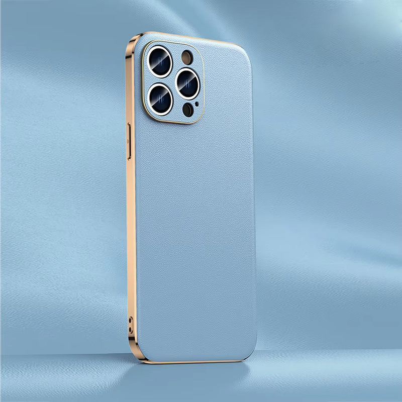 Premium iPhone Case Genuine Cowhide Leather Plated Frame Shockproof Protective Cover Full Lens Protection Camera Guard Slim Luxury Design
