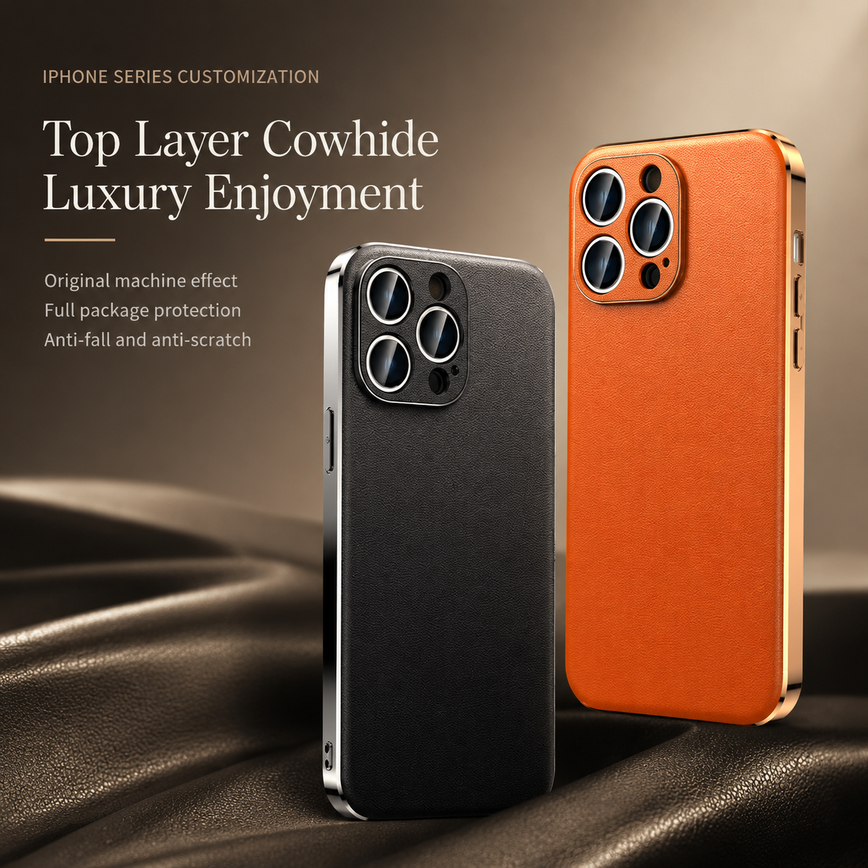 Premium iPhone Case Genuine Cowhide Leather Plated Frame Shockproof Protective Cover Full Lens Protection Camera Guard Slim Luxury Design