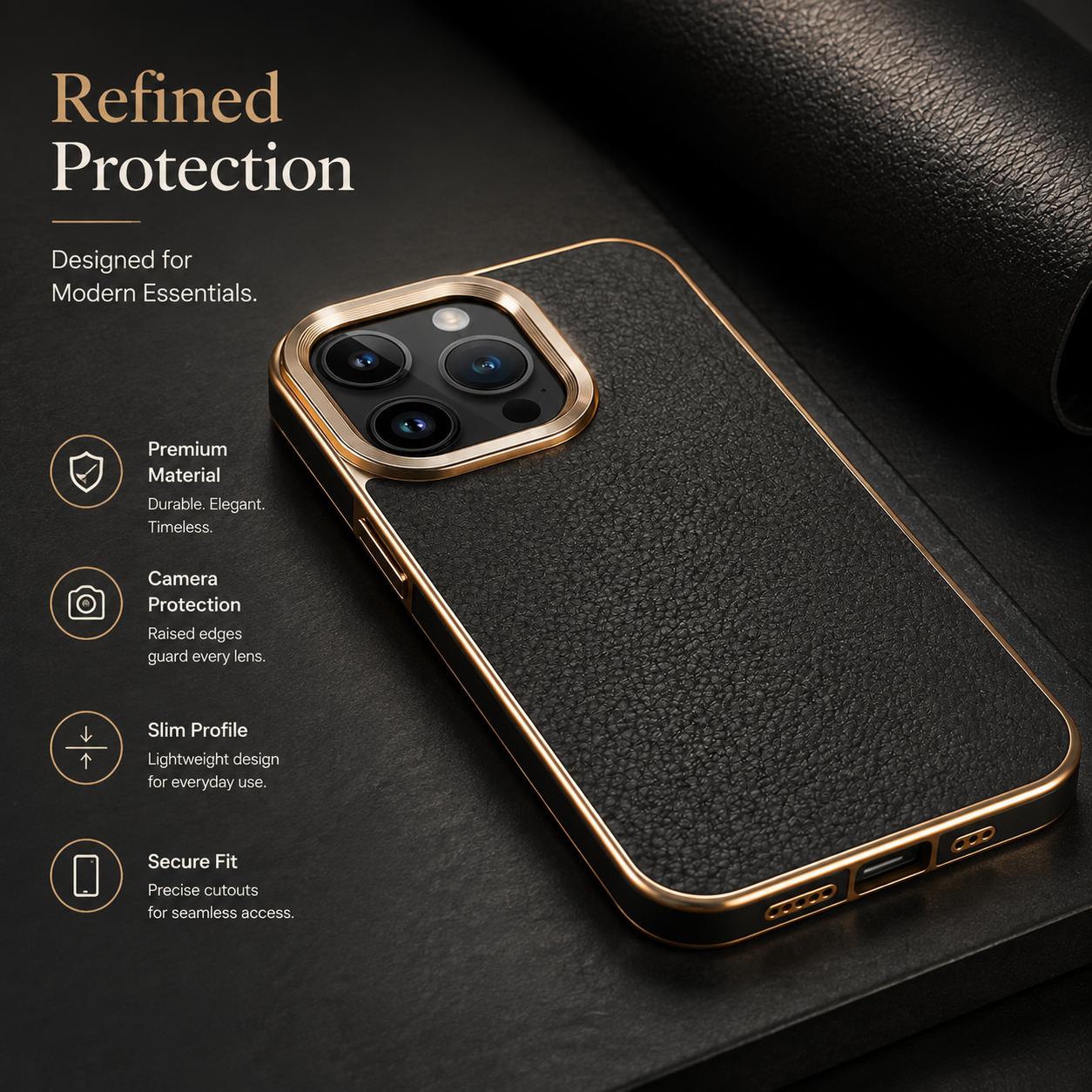 Premium iPhone Case Genuine Cowhide Leather Protective Cover Electroplated Frame Shockproof Non Slip Heat Resistant Scratch Resistant Slim Full Coverage