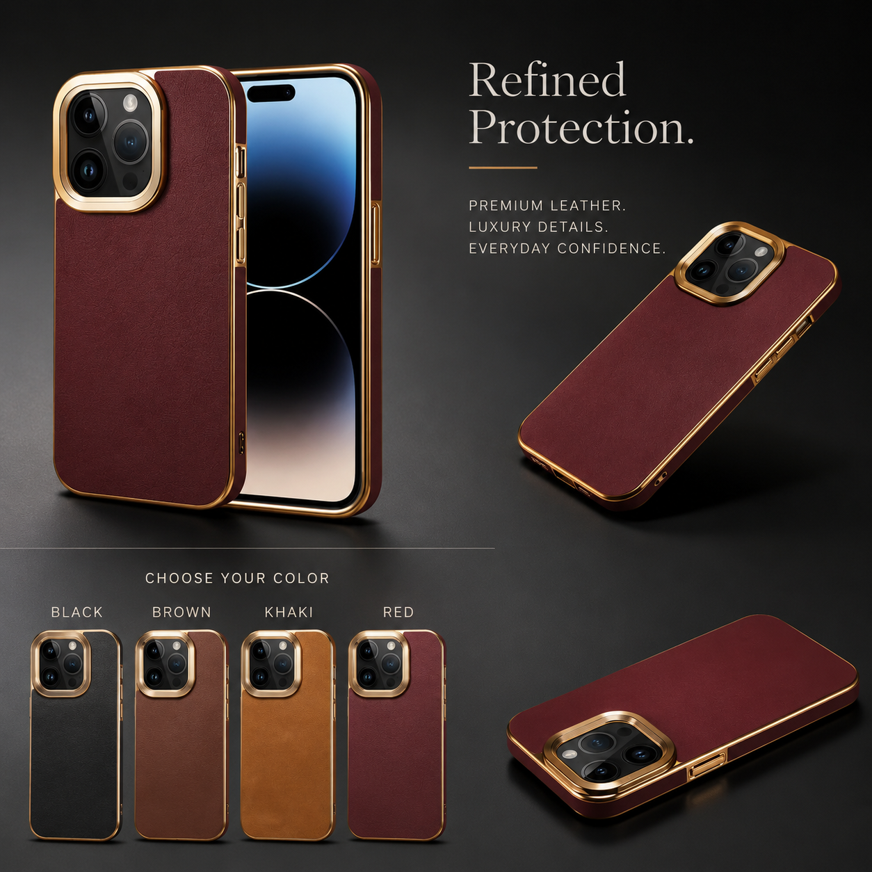 Premium iPhone Case Genuine Cowhide Leather Protective Cover Electroplated Frame Shockproof Non Slip Heat Resistant Scratch Resistant Slim Full Coverage