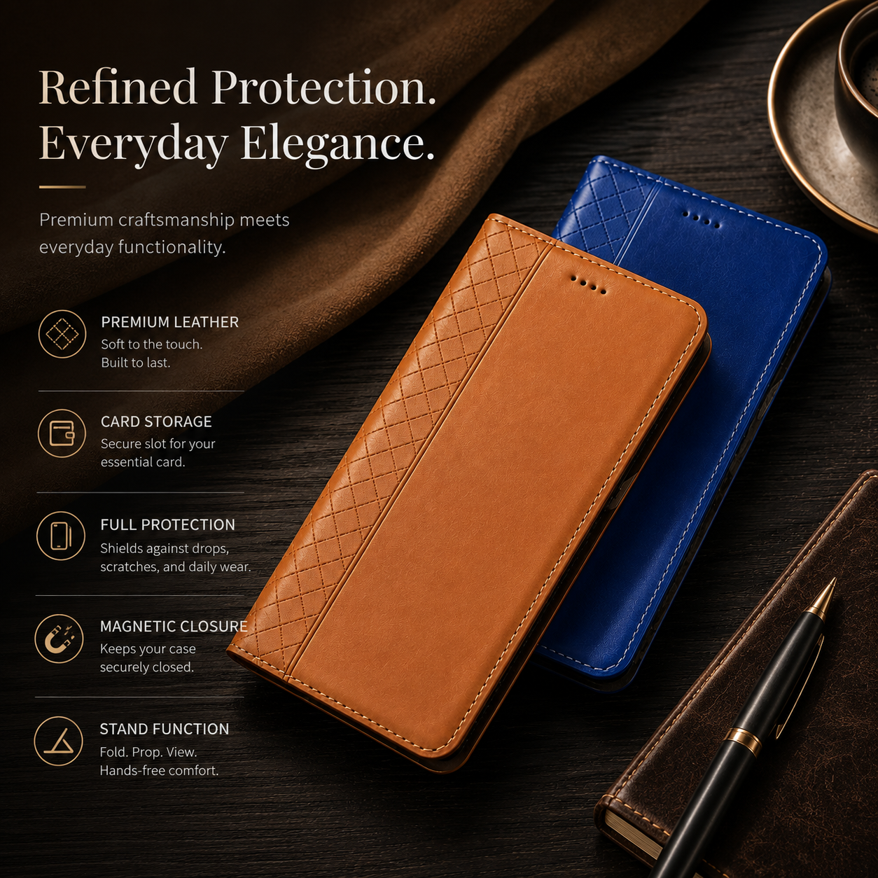 Premium iPhone Case Genuine Leather Flip Cover Card Holder Kickstand Magnetic Closure Shockproof Full Body Protective Design Slim Business Style