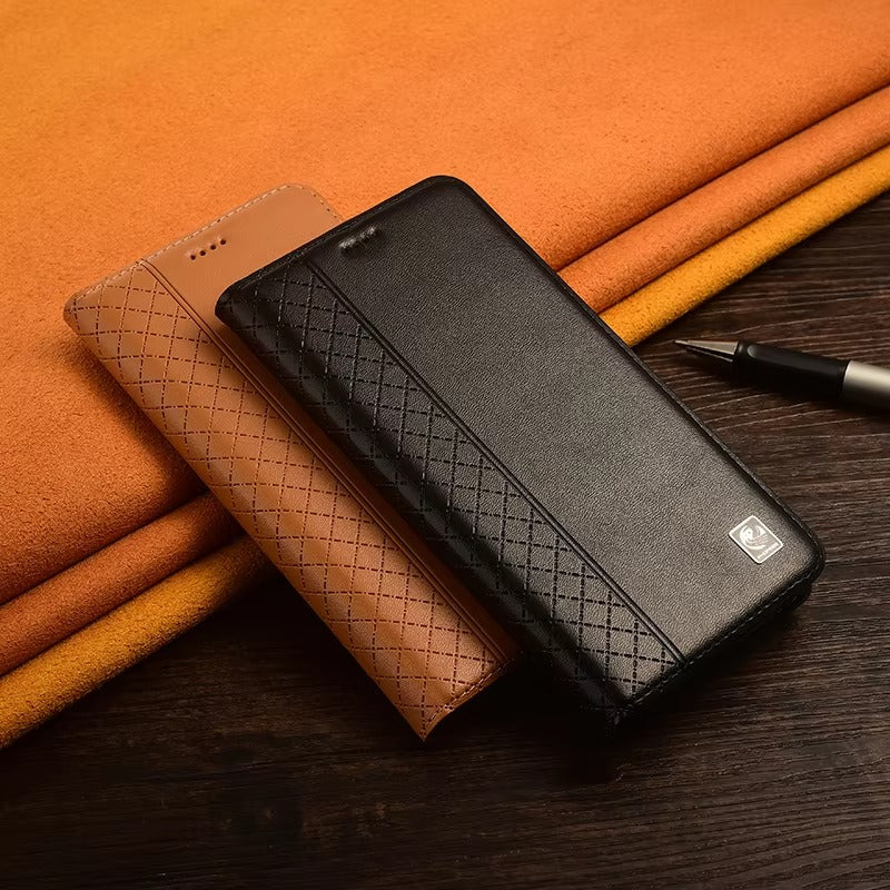 Premium iPhone Case Genuine Leather Flip Cover Card Holder Kickstand Magnetic Closure Shockproof Full Body Protective Design Slim Business Style