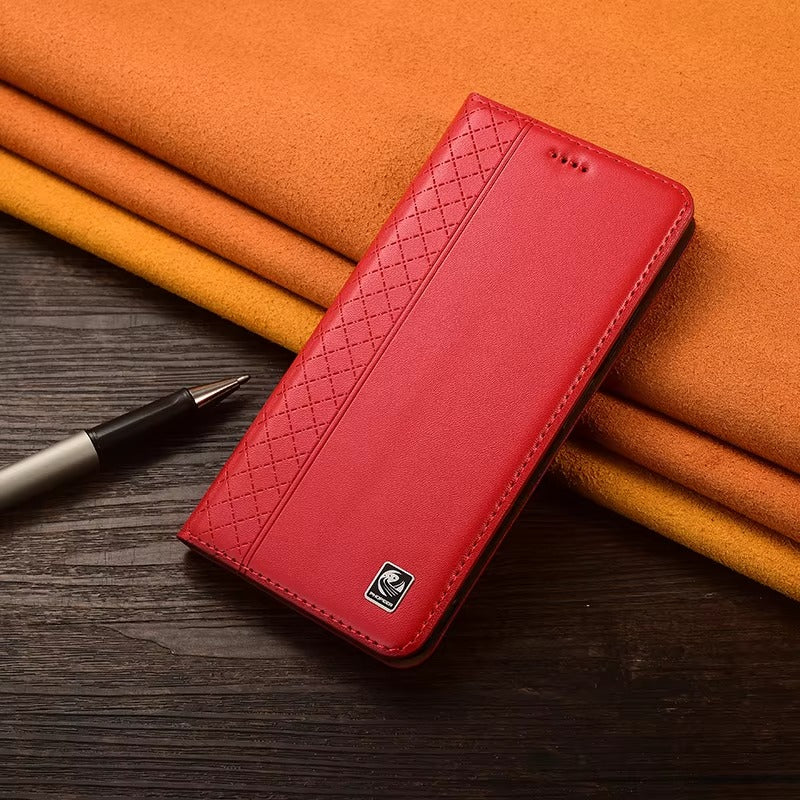 Premium iPhone Case Genuine Leather Flip Cover Card Holder Kickstand Magnetic Closure Shockproof Full Body Protective Design Slim Business Style