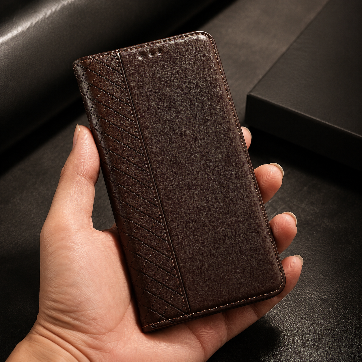 Premium iPhone Case Genuine Leather Flip Cover Card Holder Kickstand Magnetic Closure Shockproof Full Body Protective Design Slim Business Style