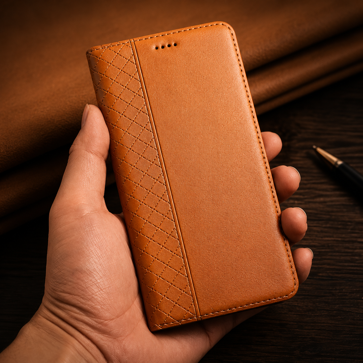 Premium iPhone Case Genuine Leather Flip Cover Card Holder Kickstand Magnetic Closure Shockproof Full Body Protective Design Slim Business Style