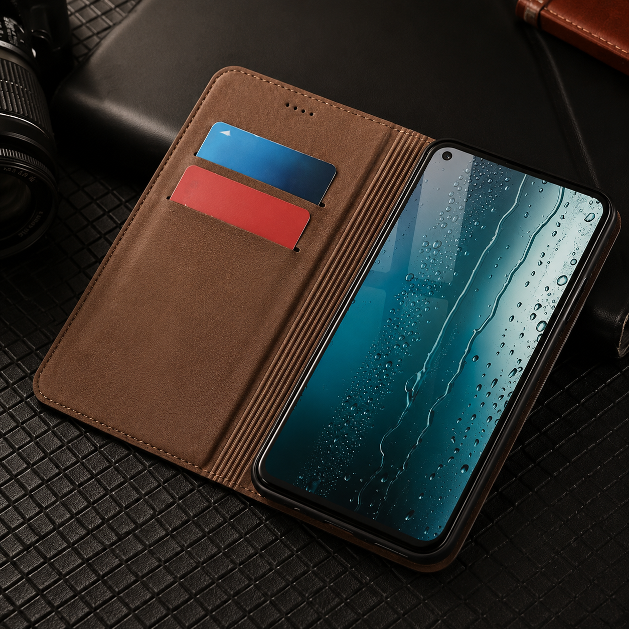 Premium iPhone Case Genuine Leather Flip Cover Card Holder Kickstand Magnetic Closure Shockproof Full Body Protective Design Slim Business Style