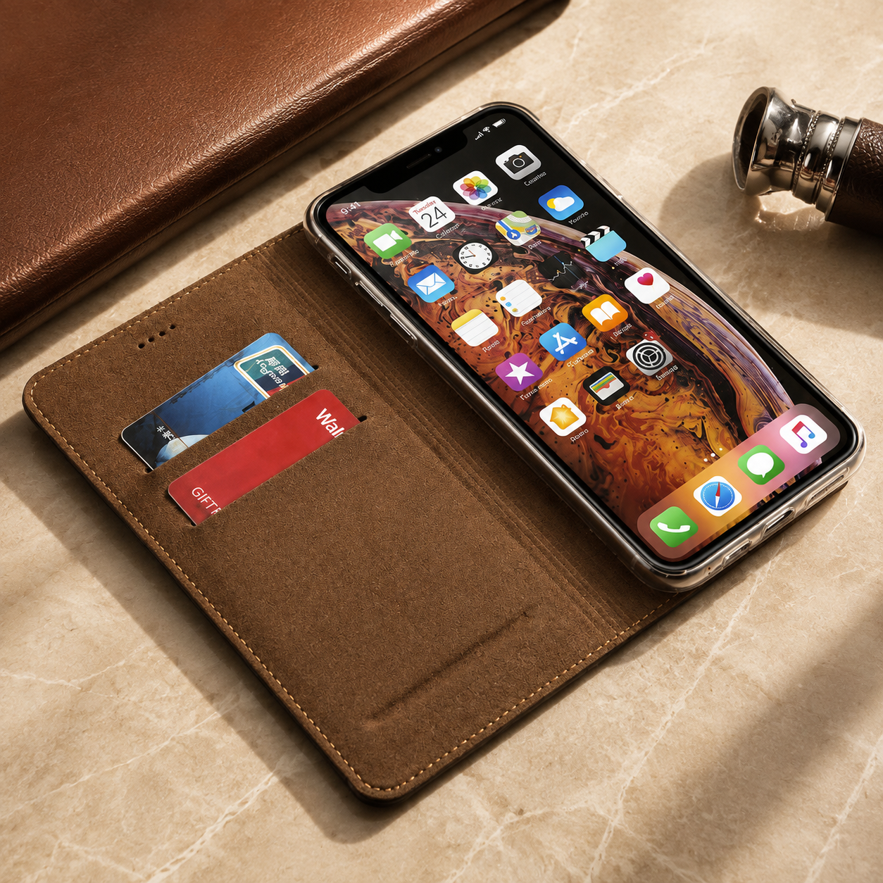 Premium iPhone Case Genuine Leather Flip Wallet Cover Card Holder Stand Magnetic Closure Shockproof Protective Case Full Coverage Slim Design