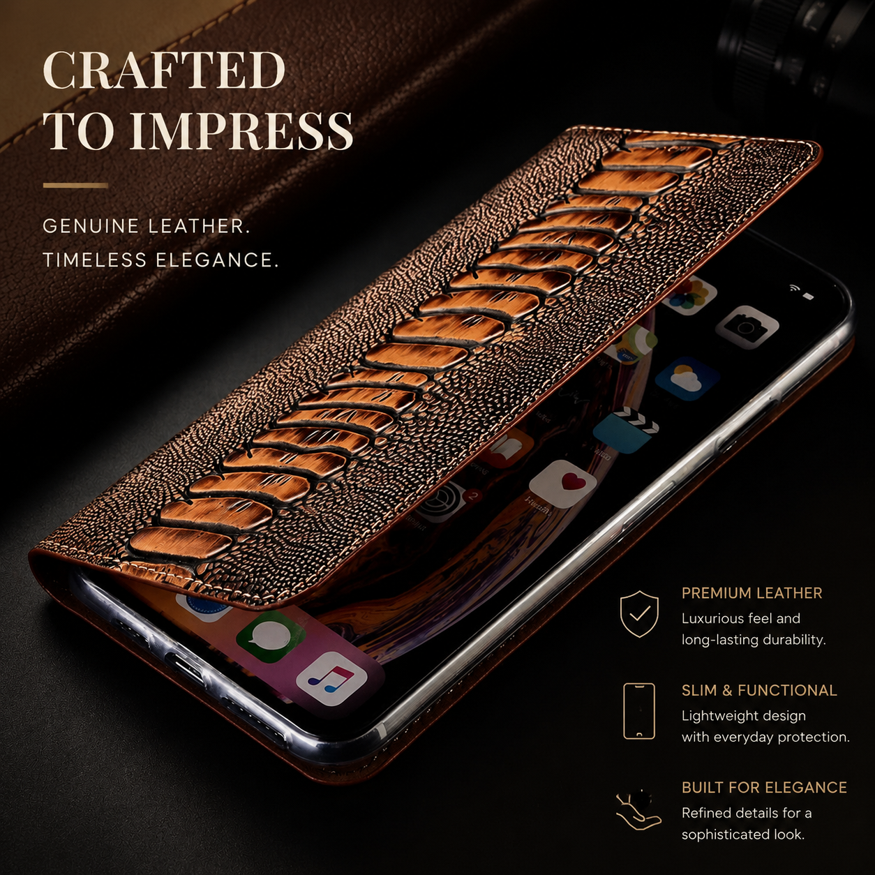 Premium iPhone Case Genuine Leather Flip Wallet Cover Card Holder Stand Magnetic Closure Shockproof Protective Case Full Coverage Slim Design
