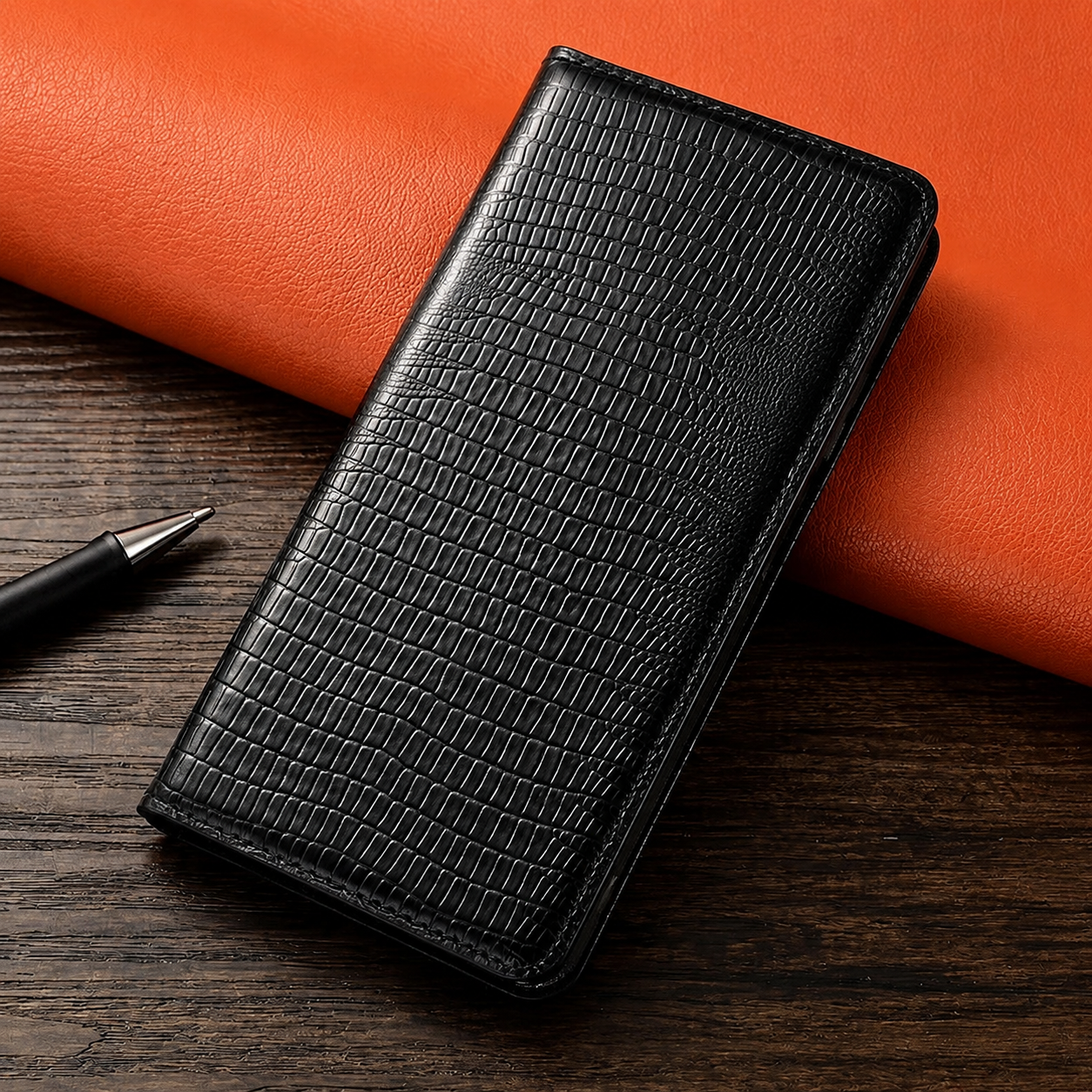 Premium iPhone Case Genuine Leather Flip Wallet Cover Cowhide Crocodile Grain Card Holder Stand Shockproof Protective Case Magnetic Closure Full Coverage