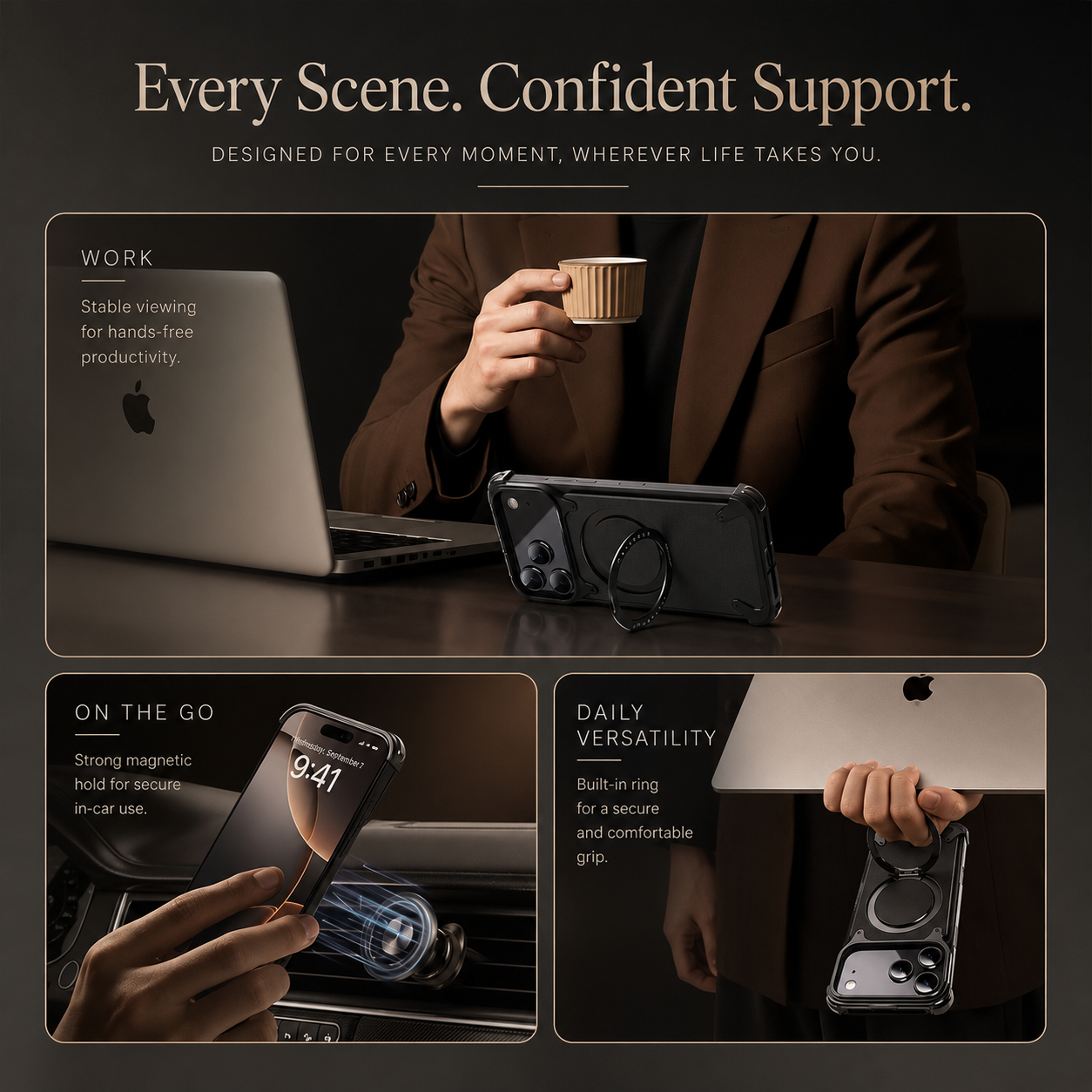 Premium iPhone Case Genuine Leather MagSafe Compatible Protective Cover Rotating Magnetic Stand Ring Shockproof Anti Drop Full Coverage