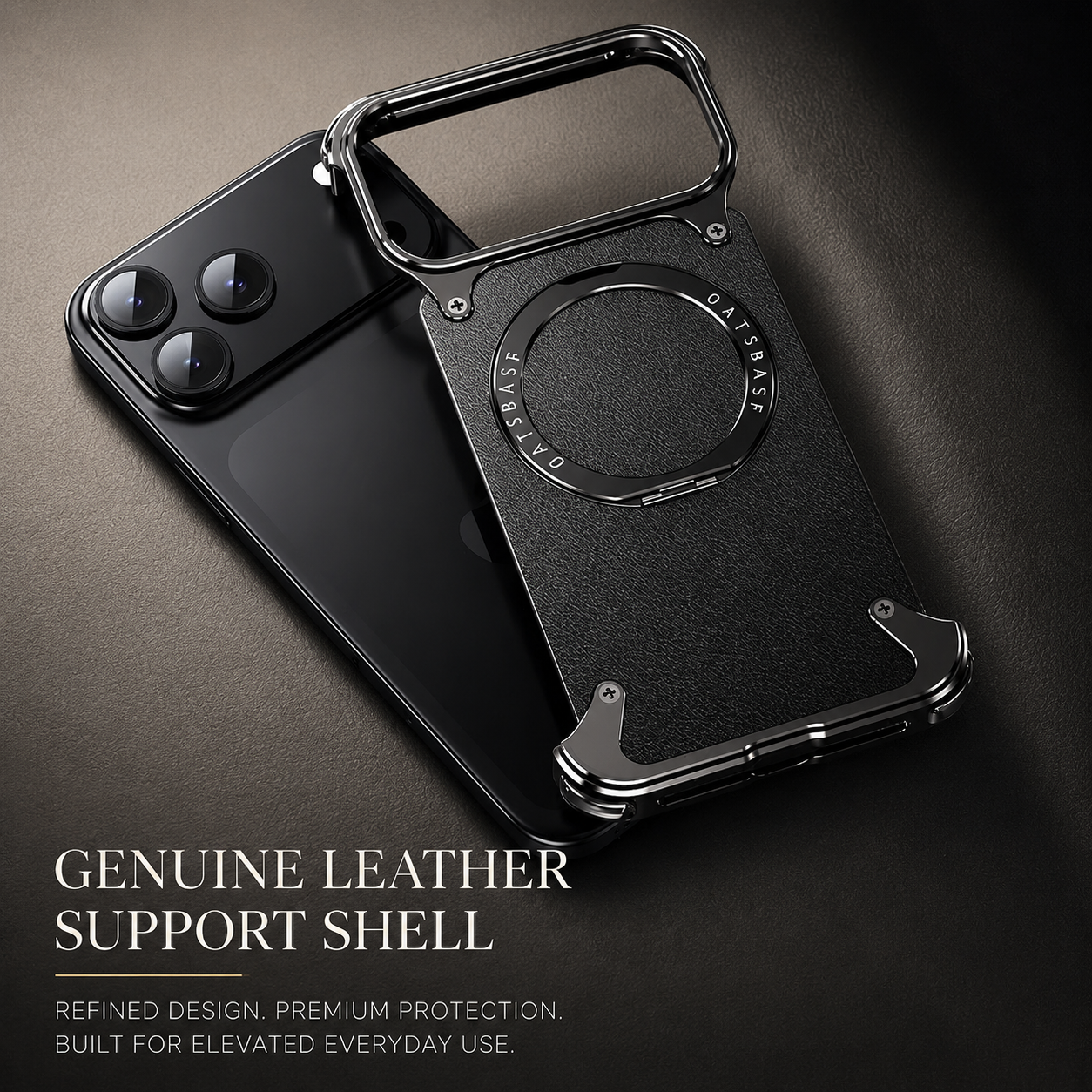 Premium iPhone Case Genuine Leather MagSafe Compatible Protective Cover Rotating Magnetic Stand Ring Shockproof Anti Drop Full Coverage