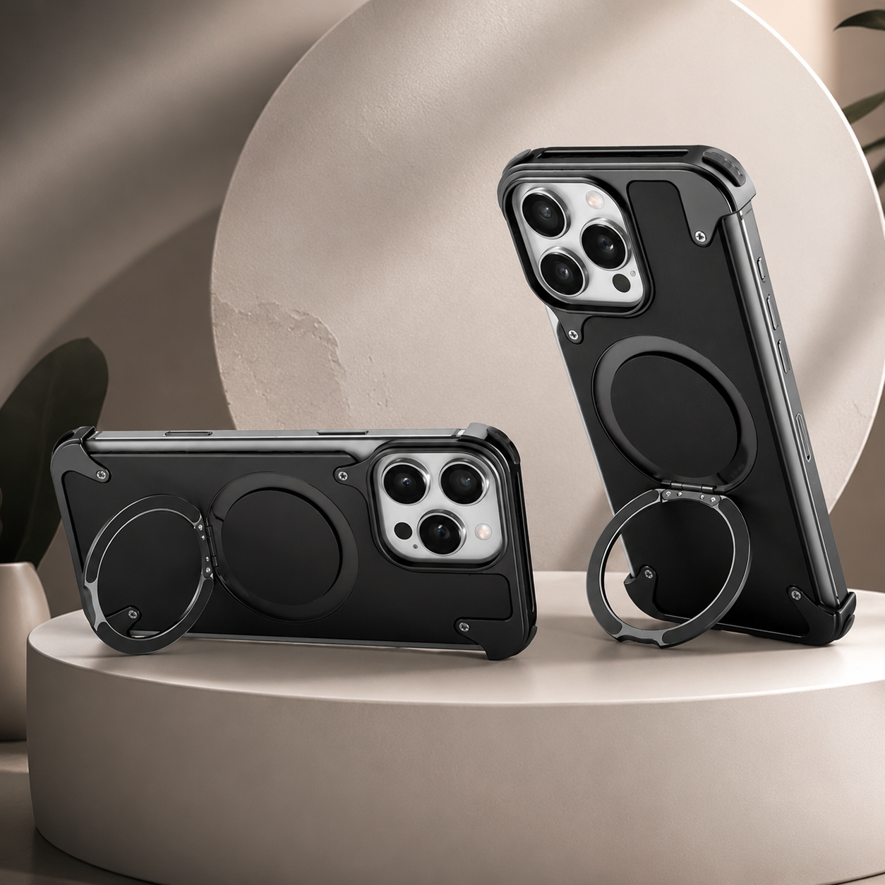 Premium iPhone Case Genuine Leather MagSafe Compatible Protective Cover Rotating Magnetic Stand Ring Shockproof Anti Drop Full Coverage