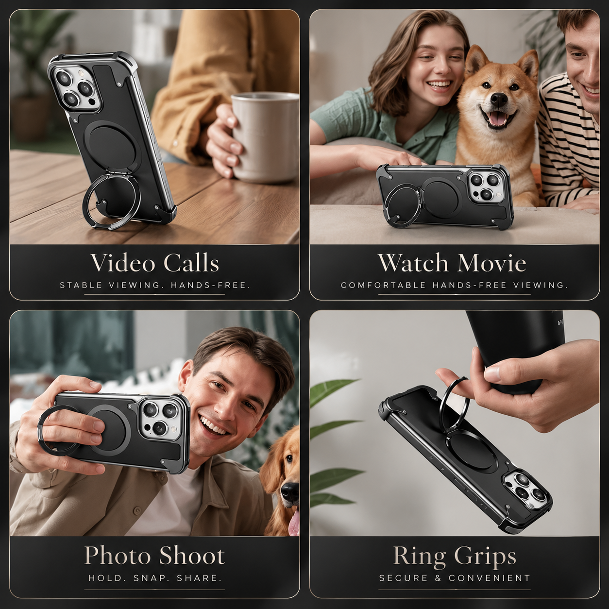 Premium iPhone Case Genuine Leather MagSafe Compatible Protective Cover Rotating Magnetic Stand Ring Shockproof Anti Drop Full Coverage
