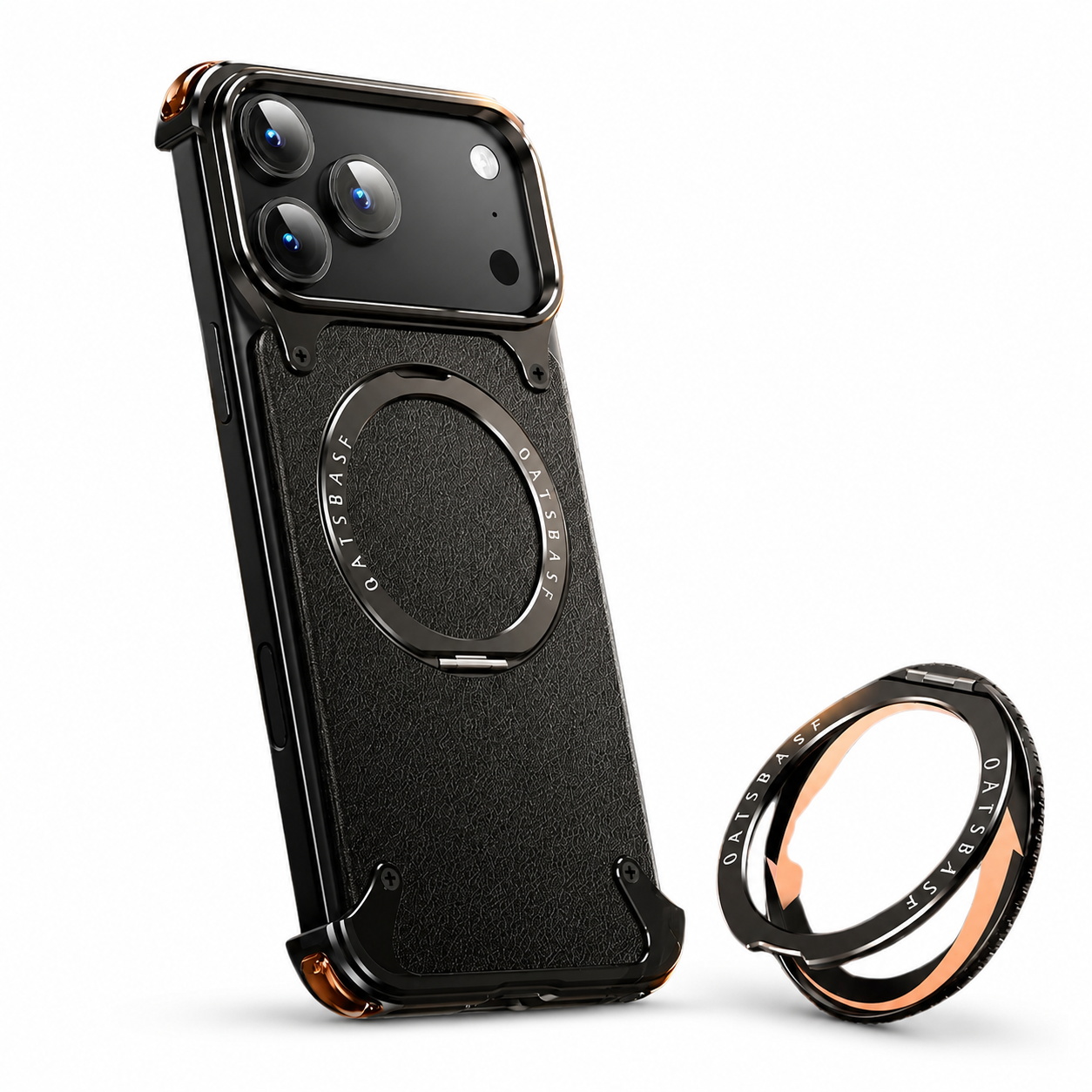 Premium iPhone Case Genuine Leather MagSafe Compatible Protective Cover Rotating Magnetic Stand Ring Shockproof Anti Drop Full Coverage