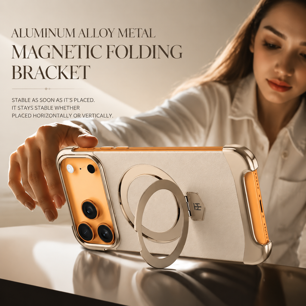 Premium iPhone Case Genuine Leather Magnetic Protective Cover Ultra Thin Frameless Metal Stand Shockproof Camera Lens Guard