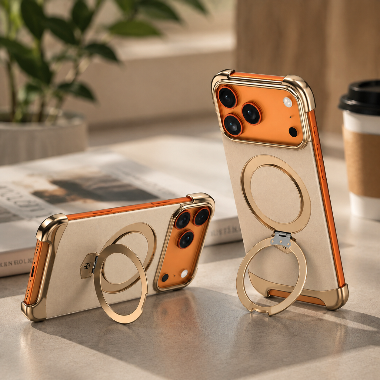 Premium iPhone Case Genuine Leather Magnetic Protective Cover Ultra Thin Frameless Metal Stand Shockproof Camera Lens Guard