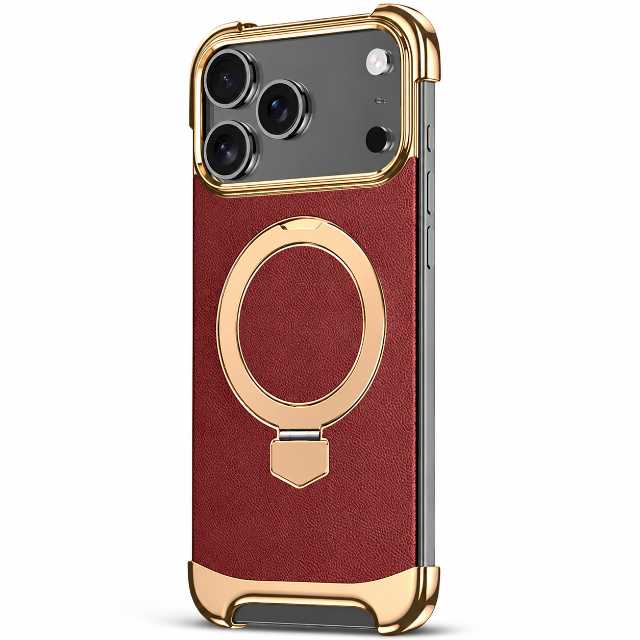 Premium iPhone Case Genuine Leather Magnetic Protective Cover Ultra Thin Frameless Metal Stand Shockproof Camera Lens Guard