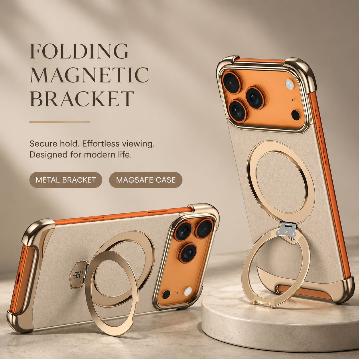 Premium iPhone Case Genuine Leather Magnetic Protective Cover Ultra Thin Frameless Metal Stand Shockproof Camera Lens Guard