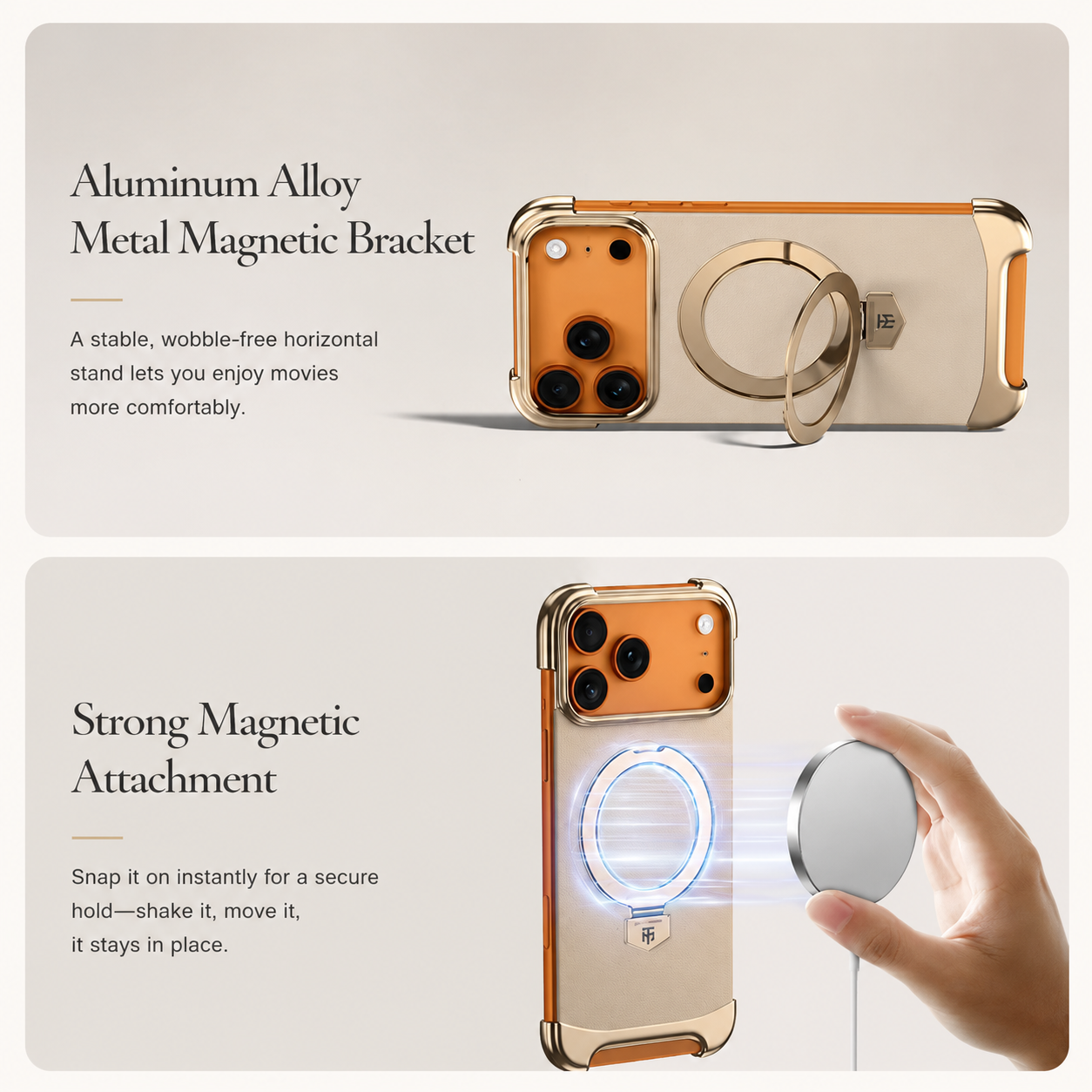 Premium iPhone Case Genuine Leather Magnetic Protective Cover Ultra Thin Frameless Metal Stand Shockproof Camera Lens Guard