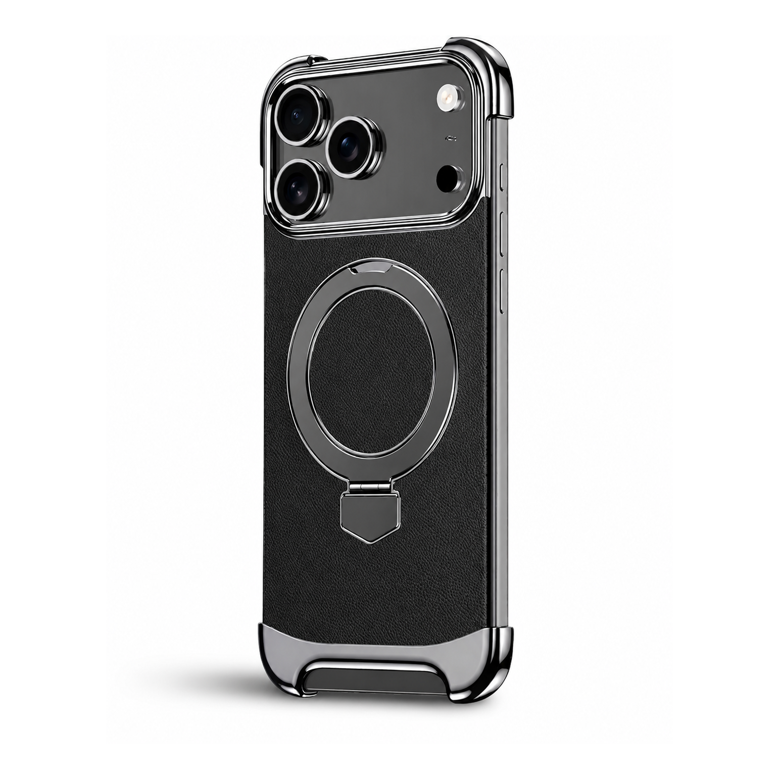 Premium iPhone Case Genuine Leather Magnetic Protective Cover Ultra Thin Frameless Metal Stand Shockproof Camera Lens Guard