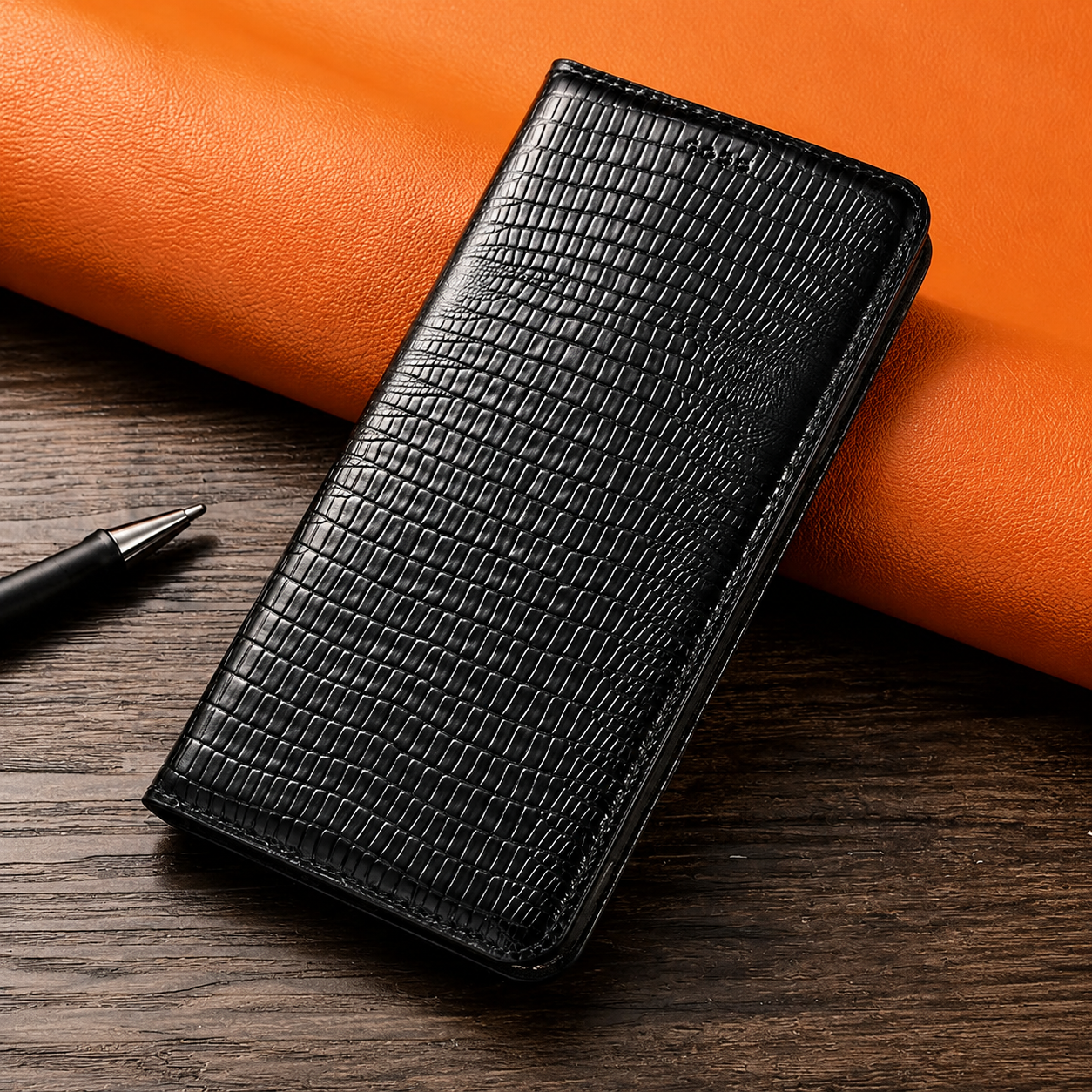 Premium iPhone Case Genuine Lizard Leather Flip Wallet Cover Magnetic Closure Kickstand Card Holder Shockproof Full Body Protection Design